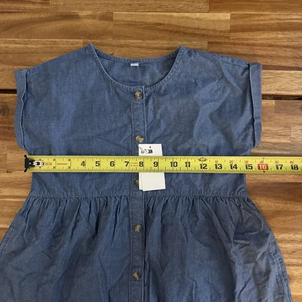 Uniqlo Girls Blue Chambray Dress Size 7-8 Front Buttons Preppy School Casual NWT